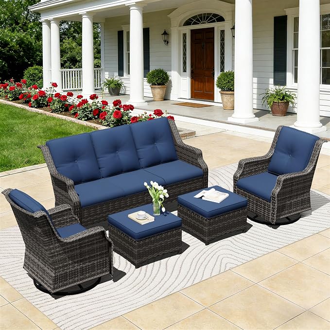 Outdoor Patio Furniture Set, 5 Piece Wicker Patio Furniture with Thick Cushions, Curved Armrest, Deep Seating, Outdoor Swivel Rocker Chairs for Porch, Deck, Balcony