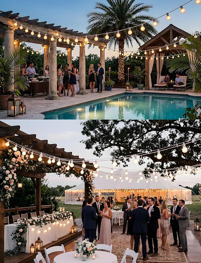 25Ft G40 LED Frosted White String Lights Outdoor with 27 Shatterproof Globe Bulbs Patio Lights White Wire, Waterproof Hanging Bistro Lights for Wedding Party Backyard Garden Porch Christmas Decor
