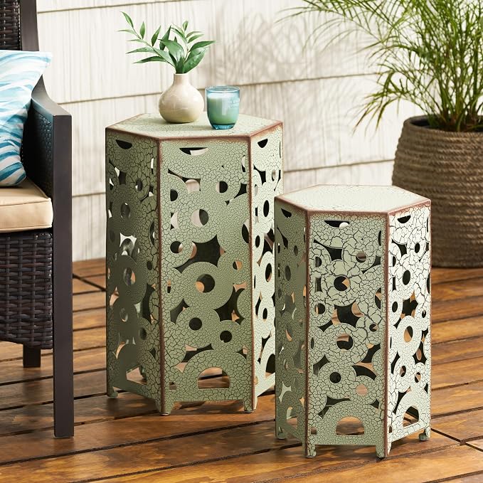 Accent Table Set, 2 Antique Green Iron Side Tables, 14.25" D x 12.5" W x 22" H, 9.81 Pounds, 100 Pounds Weight Capacity, Iron Frame, Wipe with Dry Cloth, for Indoor & Outdoor Use
