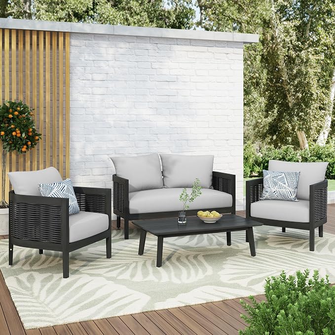 Christopher Knight Home Peron Patio 4-Seater Conversation Set, Sofa/Loveseat, 2 Club Chairs, Coffee Table, Cushion+Back Pillows, Acacia Wood+Wicker, Garden, Backyard, Poolside, Black + Light Grey