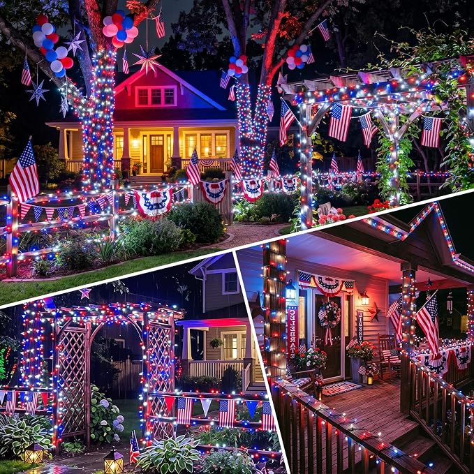 KAQ 2pack 500LED Solar String Lights Outdoor Waterproof Red White Blue | Total 180FT Flexible Wire With Bright LEDs, 8 Twinkle Modes with Memory, Auto On/Off Easily Decorates Trees, Fences, Garden