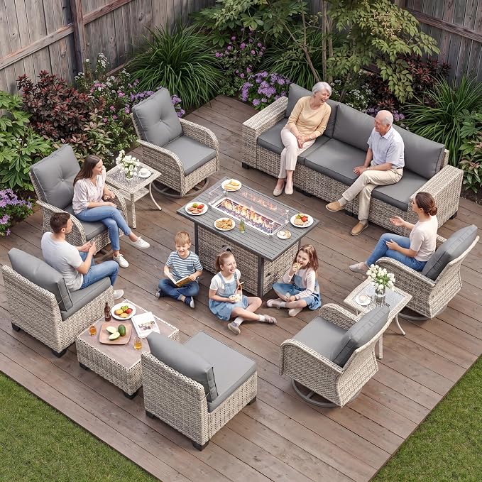 13-Piece Outdoor Patio Furniture Set with Rocking Swivel Chair, PE Wicker Rattan Sectional Sofa Patio Conversation Set with 55,000 BTU Fire Pit Table & Coffee Table, Grey