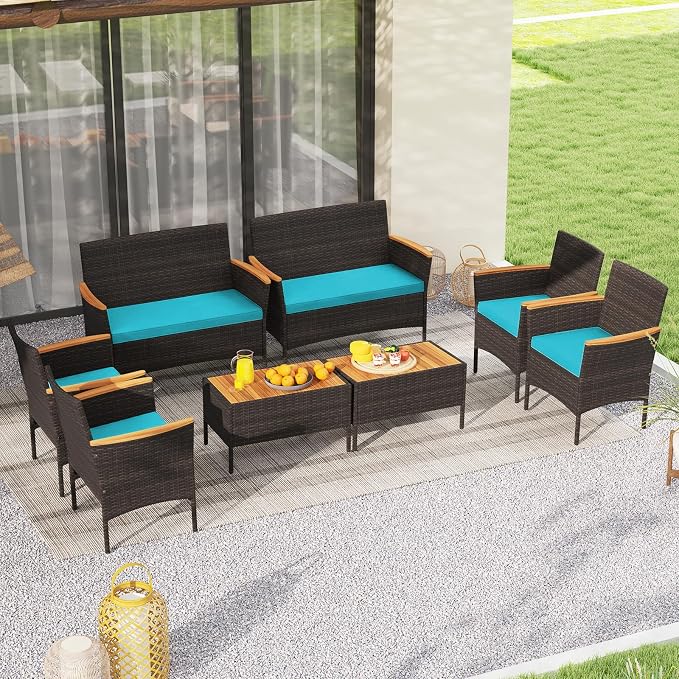 Tangkula 4 Pieces Patio Wicker Sofa Set, 2 Rattan Chairs & Loveseat w/Coffee Table, Acacia Wood Armrests & Tabletop, Outdoor Cushioned Conversation Set for Backyard, Poolside (Turquoise, 8 Pieces)