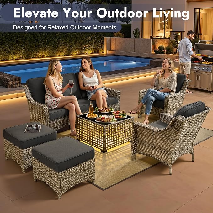 6 PCS Patio Furniture Set, Deep Seat High Back Outdoor Conversation Set with Ottomans, Wicker Outside Furniture with Solar Light Coffee Table for Porch Backyard Balcony, Sunroom, Black