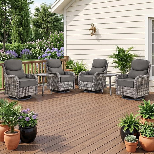 6 Piece Wicker Patio Furniture Set with Swivel Rocker Chairs Set of 4 Grey