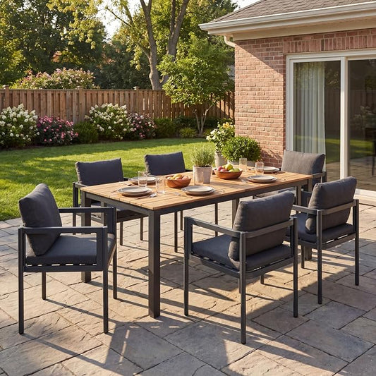 Christopher Knight Home Yoshi Acacia Wood Outdoor Dining Set for 6, 7 Piece Patio Dining Table and Chair Set, Metal Outdoor Dining Armchair and Table Set with Removable Cushion, Black+Grey+Teak