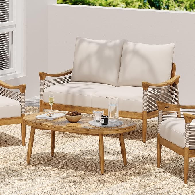Merax 2-Piece Acacia Wood Patio Loveseat Set with Coffee Table | Teak-Finish Acacia Frame, Beige Woven Rope, 6-Inch Cushions And Arc Coffee Table For Porch, Garden, Backyard Or Balcony
