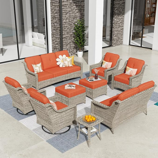 HOOOWOOO 9 Piece Patio Furniture Conversation Sets with Swivel Rocking Chairs,Outdoor Wicker Furniture with Ottoman,All Weather Resistant High Back Rattan Conversational Set(Orange Red)