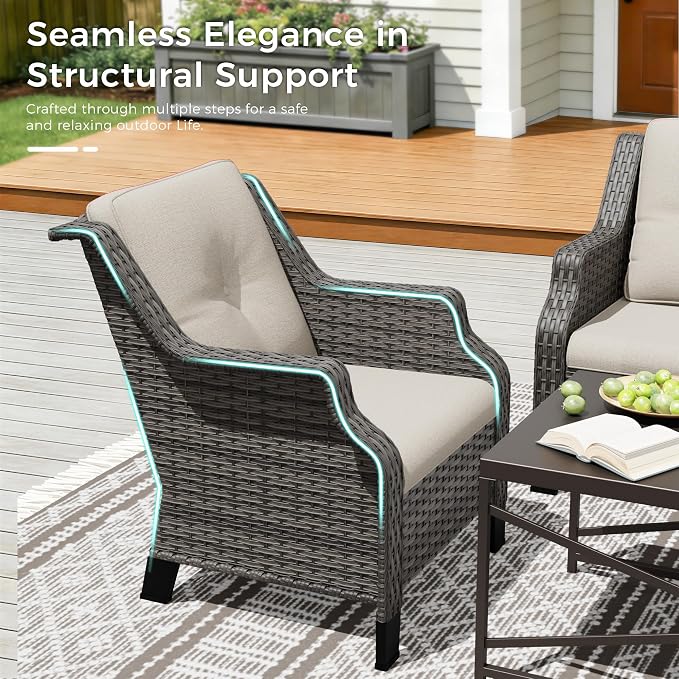 Outdoor Patio Chairs Set of 4, Wicker Patio Furniture with Thick Cushions, Curved Armrest, Deep Seating, Rattan Outdoor Chairs for Porch, Deck, Balcony