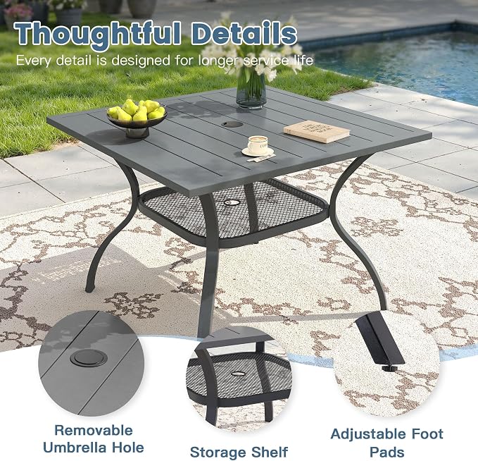 DIFY 5 Piece Outdoor Patio Dining Set for 4, Patio Table and Chairs Set with Umbrella Hole, 37.8" Square Dining Table and Stackable Metal Chairs for Backyard Garden Poolside, Grey