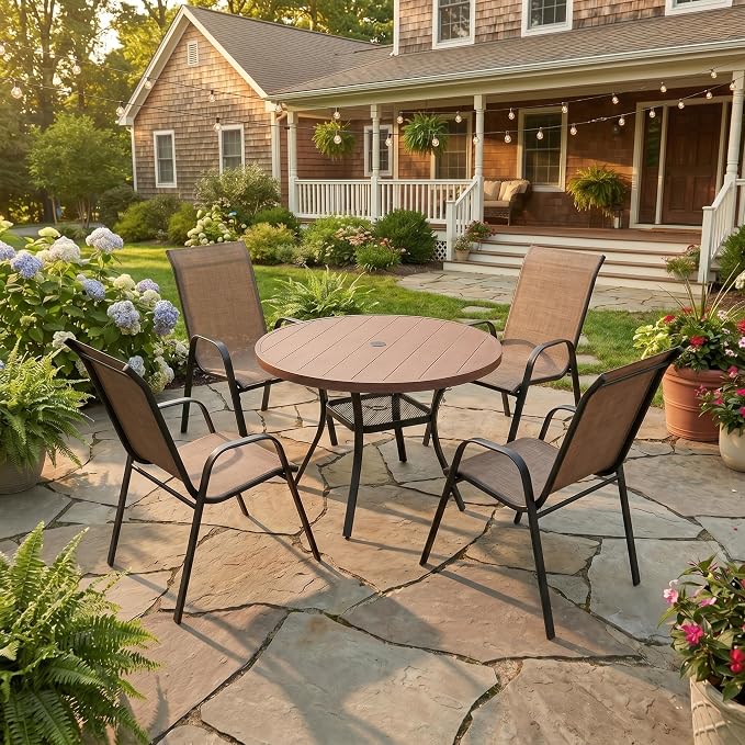 VICLLAX Patio Dining Set for 4, All Weather Metal 5 Pieces Patio Set-40.6" Round Outdoor Table and Stackable Chairs for Lawn Garden and Backyard, Walnut Wood Grain Tabletop
