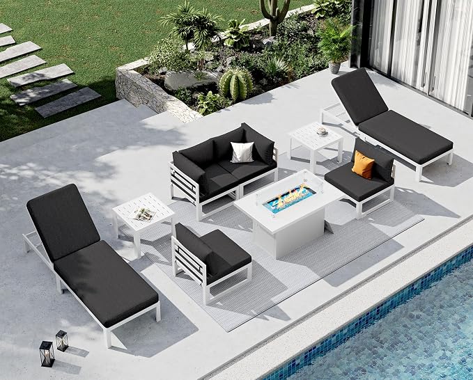 NICESOUL 9 Piece Modern Aluminum Outdoor Patio Furniture Set with Lounger & Fire Pit Table, Extra Large All-Weather Modular Sectional Couch, 29" Wide Deep Seating Conversation Sofa for Poolside, Black