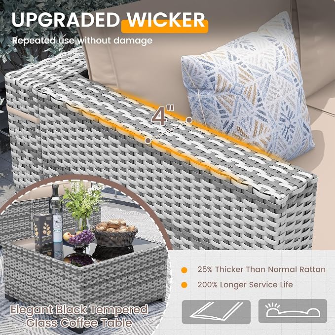 UDPATIO Outdoor Patio Furniture Set, 7 Pcs PE Wicker Sectional Sofa with Tea Table, Outdoor Conversation Set with Waterproof Cover for Patio, Garden, Backyard (Beige Cushions with Grey Rattan)