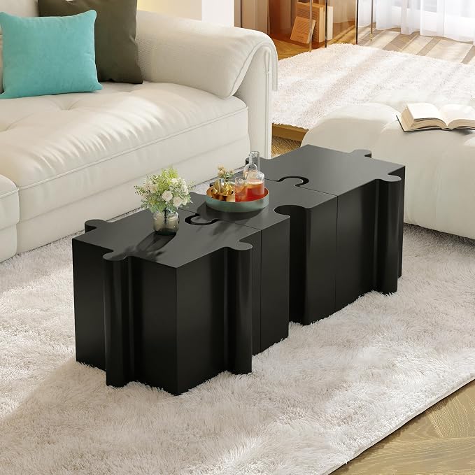 Christopher Knight Home Daton Interlocking Puzzle Outdoor Side Table, Lightweight Concrete Patio Coffee Table, Concave Edge MGO Modular End Table, Creative Set Up for Indoor&Outdoor Use, Black