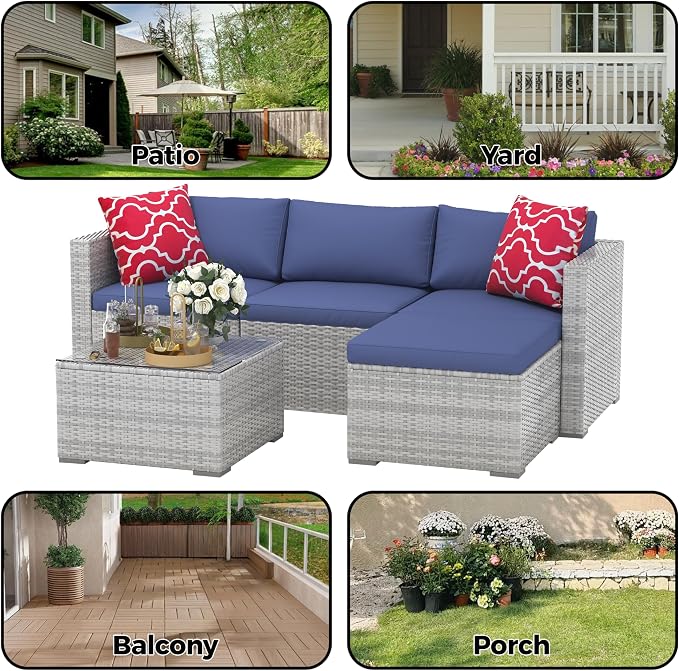5 Pieces Patio Furniture Sets, Outdoor Patio Furniture Set, Wicker Patio Rattan Outdoor Sofa Furnitures with Anti-Slip Cushion and Glass Table, Patio Conversation Sets for Porch, Garden (Grey/Blue)