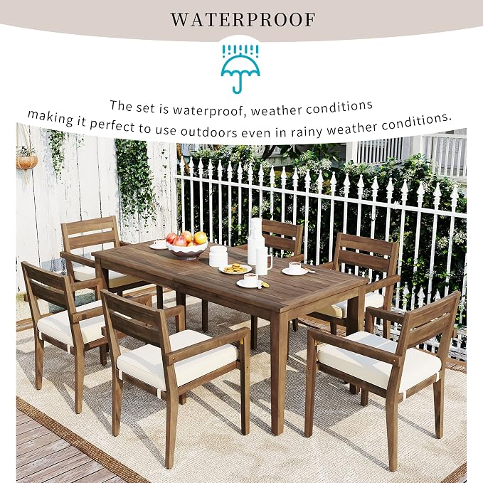 7 Piece Patio Dining Set, 70.9" Rectangular Acacia Wood Outdoor Dining Table & 6 Dining Arm Chairs with Cushion, Suitable for Outdoors and Indoors (Burly Wood@015)