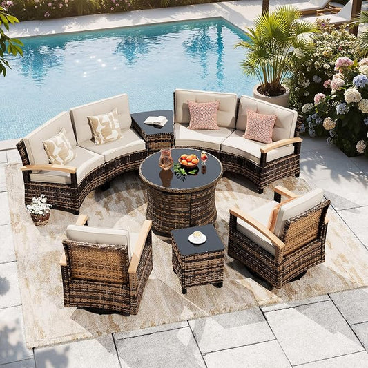 MEISSALIVVE 9-Piece Half-Moon Curved Outdoor Patio Furniture Set, Sectional Conversation Sofa with 2 Swivel Glider Chairs, Round Coffee Table for Backyard Deck Garden, Beige
