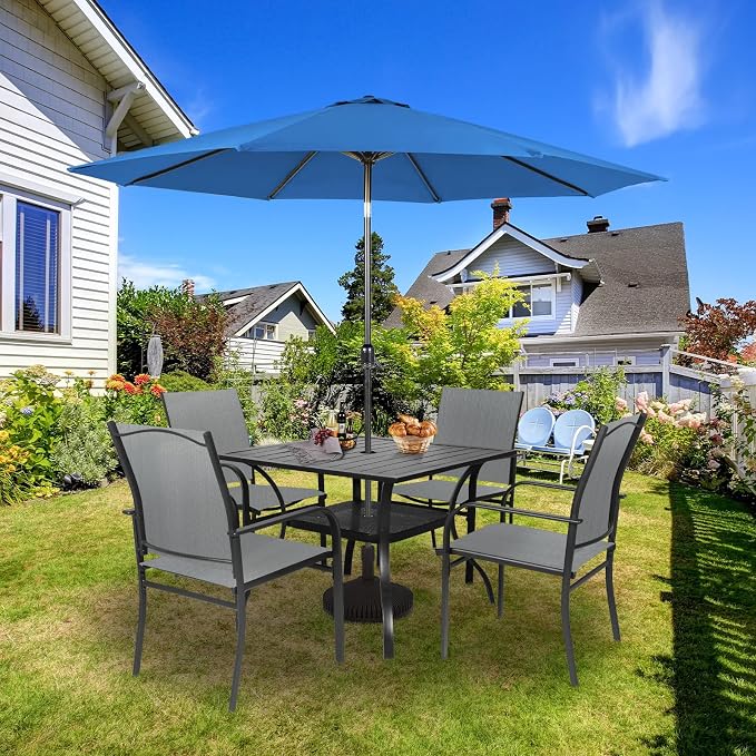 SUNCROWN 6 - Piece Outdoor Dining Set, Patio Furniture Set with 4 Textilene Dinning Chairs, 1 Steel Slat Metal Bistro Table and 1 Dark Blue 9Ft Patio Umbrella for Lawn Garden Backyard Deck, Grey