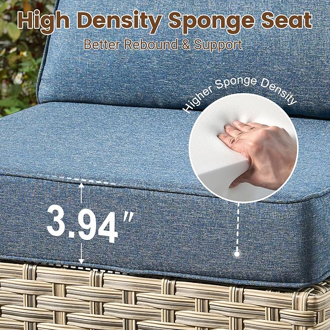 Outdoor Sectional Patio Furniture Set,5 Pieces Rattan Wicker Conversation Sets L Shaped Couch,Outside Furniture with Glowing Coffee Table,Denim Blue