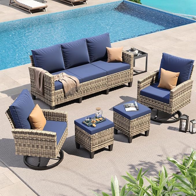 UDPATIO Patio Furniture Set, 6 Pieces Outdoor Conversation Sets with Swivel Chairs, All-Weather Wicker Rattan Patio Sofa with Ottomans and Glass Side Table for Backyard, Deck, Porch, Navy/Yellow