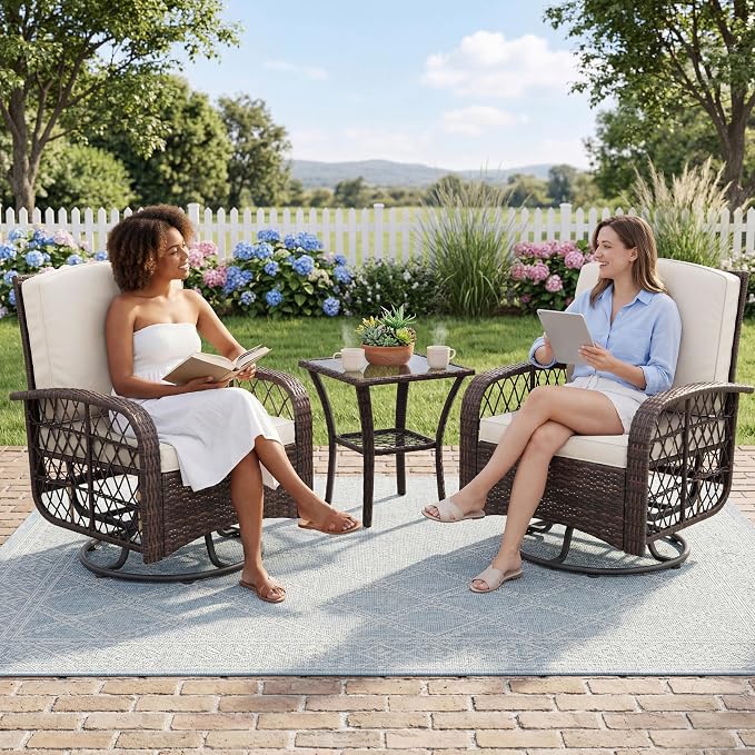 Outdoor Swivel Rocker Chairs Set, 3-Piece Patio Furniture with Washable Cushions & Glass Tabletop, Swivel Glider Rocker Set for Deck Porch Balcony Backyard Garden, Brown Wicker & Beige Cushions