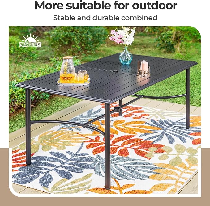 SUNSHINE VALLEY 7 Piece Patio Dining Set for 6, 67x38 Wood-Like Metal Table with Umbrella Hole and 6 Pcs Rust-Proof Stackable Chairs, Outdoor Table and Chairs Set for Backyard Garden Deck (Style 5)