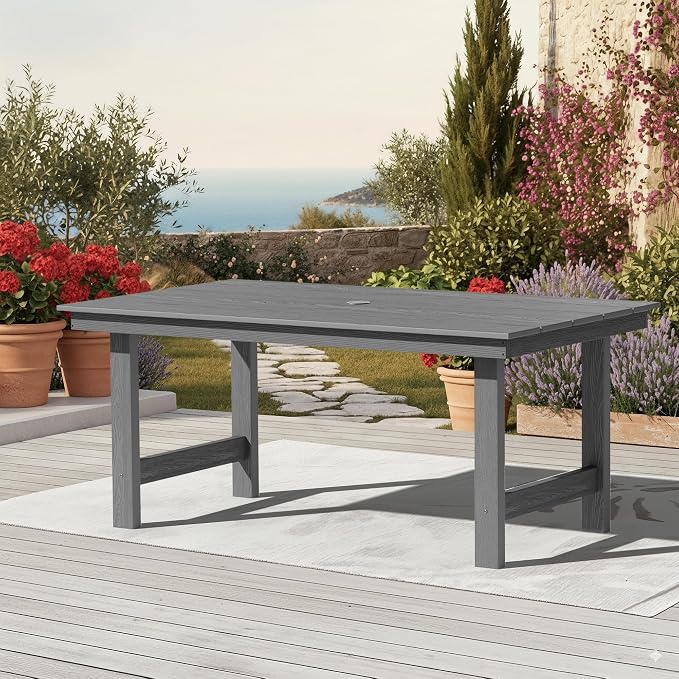 KINGYES All Weather Outdoor Dining Table with Umbrella Hole, HDPE Rectangular Patio Table for Backyard, Garden, Porch, Deck, Gray