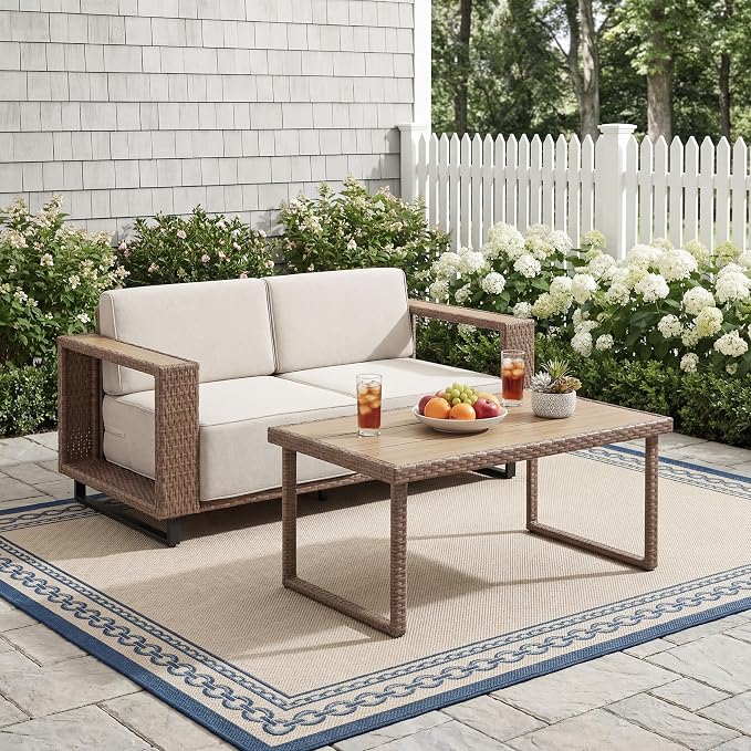 Bonzy Home 2 Piece Patio Furniture Set, Loveseat Sofa with and Rattan Side Table and Extra-Thick Soft Cushions, Wicker Rattan Loveseat Couch Outdoor Patio Furniture with for Porch, Balcony