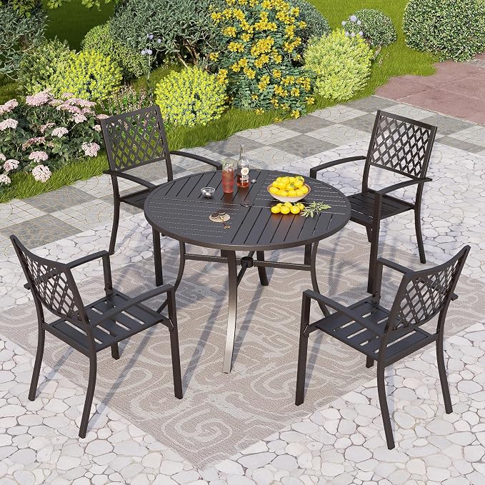 PHI VILLA 5 Pcs Outdoor Dining Set for 4&Round Steel Table | Metal Table w/Umbrella Hole&Stacking Wrought Iron Chairs,Modern Furniture Set for Patio,Deck,Backyard,Porch