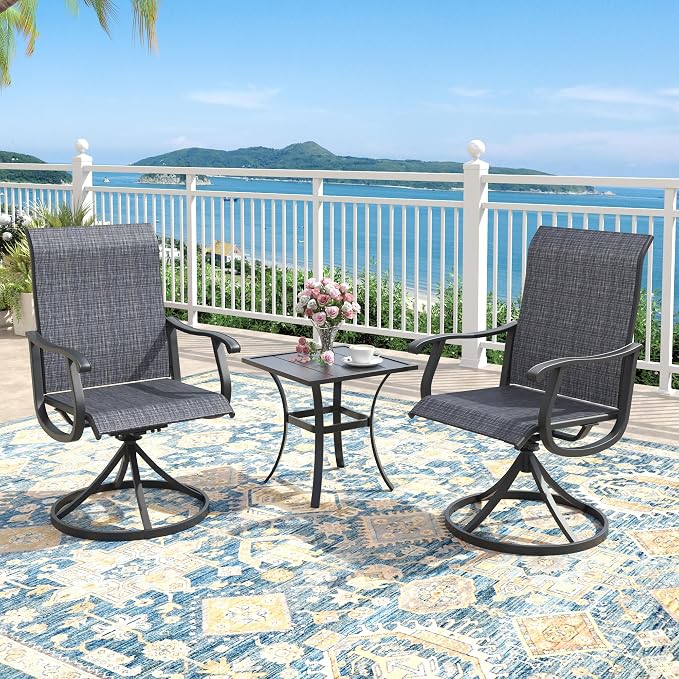 Outdoor Dining Set for 2, 18.1" Metal Square Patio Side Table and Sling Patio Swivel Chairs, 3 Pieces Patio Table and Chairs Set for Garden Backyard, Charcoal and Black