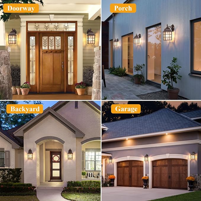 2 Pack Dusk to Dawn Outdoor Lighting Fixture, Classic Exterior Porch Light | Aluminum Frame, Water Rippled Glass, Waterproof, E26, Sensor Outdoor Hose Light, Wall Sconce For Garage, Front Door