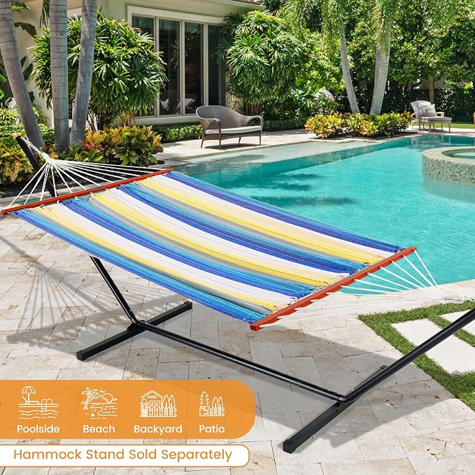 Lazy Daze Hammocks Cotton Fabric Double Hammock with 55" Spreader Bar, Portable Camping Hammock with Carrying Bag & Tree Straps for Patio, Backyard, Balcony, 450lbs Capacity, Blue & Yellow