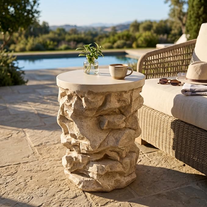 Round Outdoor Concrete Side Table, Cylinder Patio End Table, Faux Stacked Stone Accent Table with Wave for Indoor Outdoor, Garden Stool Coffee Table for Patio, Garden, Backyard - 16.42" Beige MgO