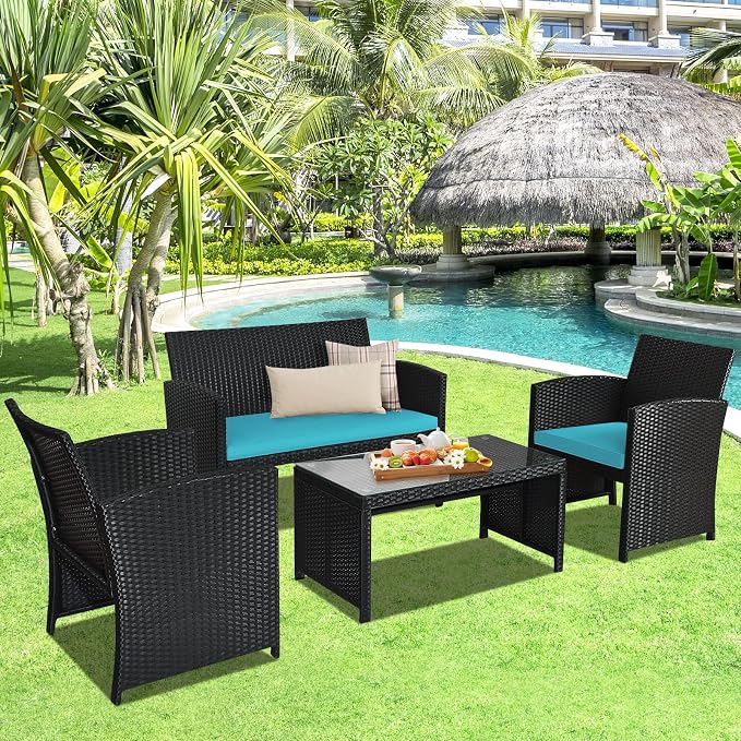 DORTALA 4 Pieces Patio Wicker Conversation Furniture Set, Outdoor Rattan Sofas with Bistro Sets with Coffee Table for Courtyard Balcony Wicker Chairs with Soft Cushion and Table, Turquoise