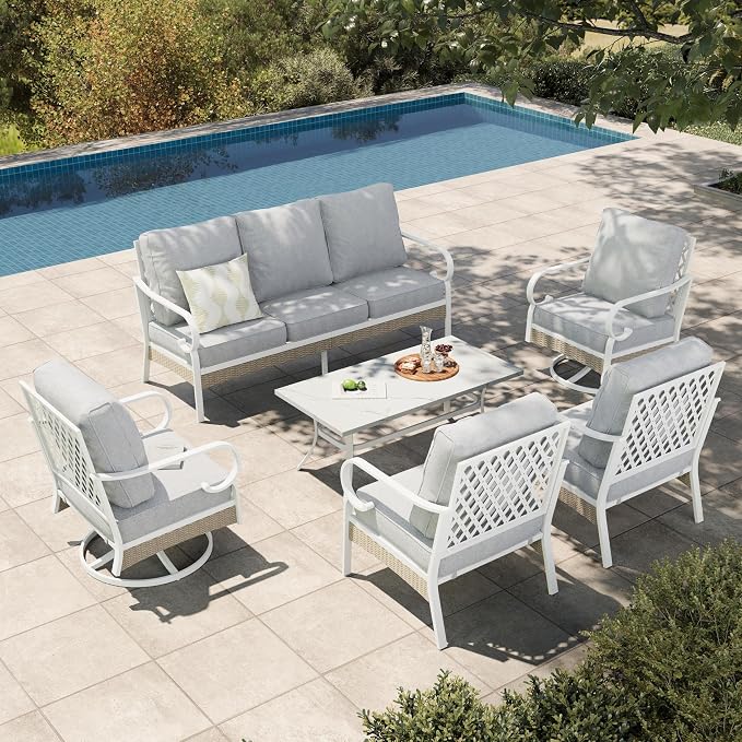 HERA'S HOUSE 6 Piece Metal Patio Furniture Set, All Weather Outdoor Conversation Set with 3-Seat Sofa, 2 Swivel Chairs, 2 Fixed Chairs & Coffee Table, 7 Seats for Backyard, Garden, Deck, White/Grey