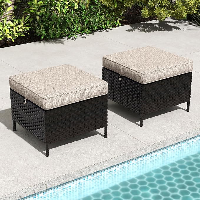 Outdoor Ottomans with Weather-Resistant Cushions, PE Rattan Patio Conversation Set for Backyard, Deck, Porch, Sunroom (Beige)