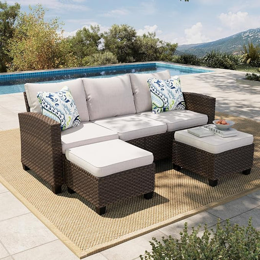 HERA'S HOUSE Small Patio Furniture Set, 3 Pieces Wicker Outdoor Sectional Set, L-Shaped Patio Couch Set, Modular Rattan Conversation Set with Lounge Sofa and Ottomans for Deck Lawn Garden, Beige