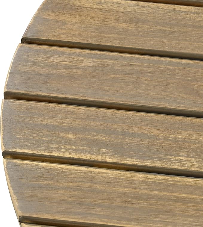 Round Patio Side Table Acacia Wood End Table with Slat Panel Design Rustic Outdoor Accent Table for Garden Backyard Pool Deck Living Room Weather Resistant Easy Maintenance, Gray
