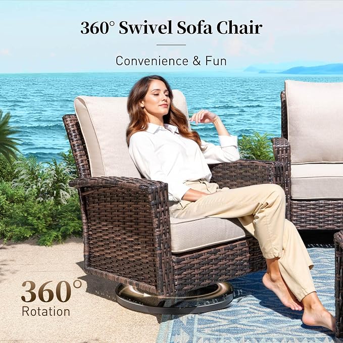 SUNSHINE VALLEY 4 Pieces Patio Furniture Set with Swivel Chairs, High Back Wicker Rattan Sofa with Extra Thick Cushion and Coffee Table, Outdoor Conversation Set for Garden Backyard Deck,Beige