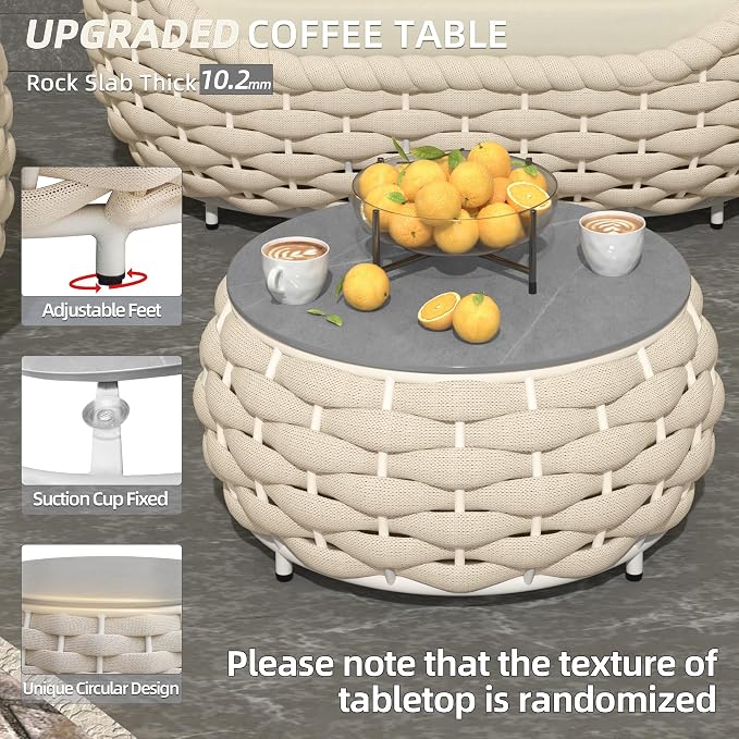 TWT 3 Pieces Aluminum Patio Furniture Set, Hand Woven Polyester Rope Modern Outdoor Furniture w/Washable Cushion and Rock Slab Tabletop, Conversation Sofa Set for Livingroom Poolside Balcony (Beige)