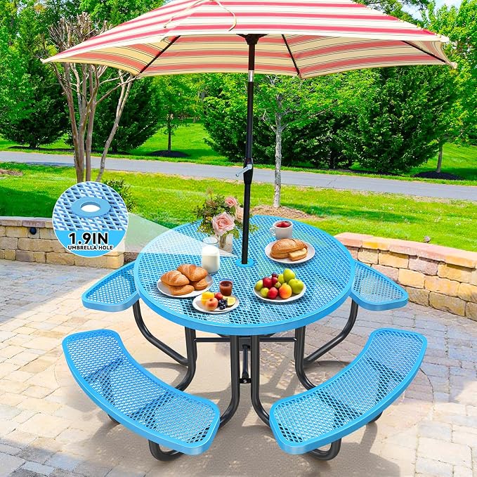 46IN Circle Metal Picnic Table Set with Umbrella Hole and 4Benches for Outdoor, Expanded Heavy Duty Metal Commercial Grade Patio Dining Furniture for Yard Patio Lawn Party Coffee, Blue