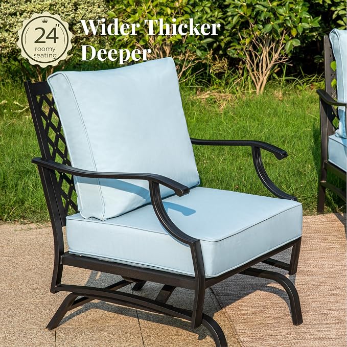 MIXPATIO Patio Furniture Set 4 pcs, Outdoor Patio Furniture, 3-Seat Sofa, 2 Rocking Chairs, Metal Coffee Table and 5.75" Extra Thick Cushion, Patio Conversation Set for Garden Backyard Deck,Blue