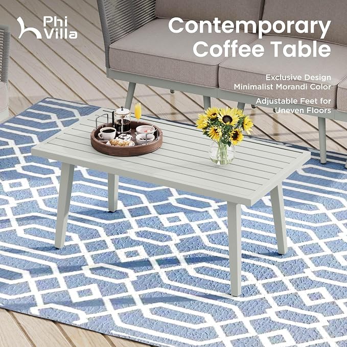 PHI VILLA 6-Piece Rope Rattan Patio Sectional Furniture Set,Modern Outdoor Conversation Set with Detachable Armrests and Grey Metal Frame,All Weather Patio Sofa with Coffee Table and Biege Cushions