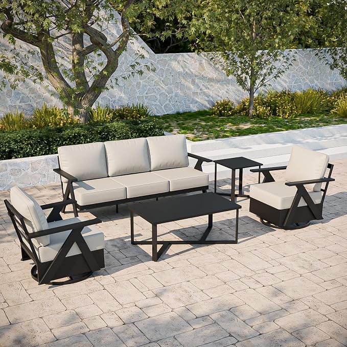 COOS BAY Iron Luxe 5 Piece Outdoor Patio Furniture Set, Modern Patio Conversation Set with 2 Swivel Rocking Chairs, a 3 Seat Couch, Coffee Table & Side Table for Deck, Garden, Porch, Black/Beige