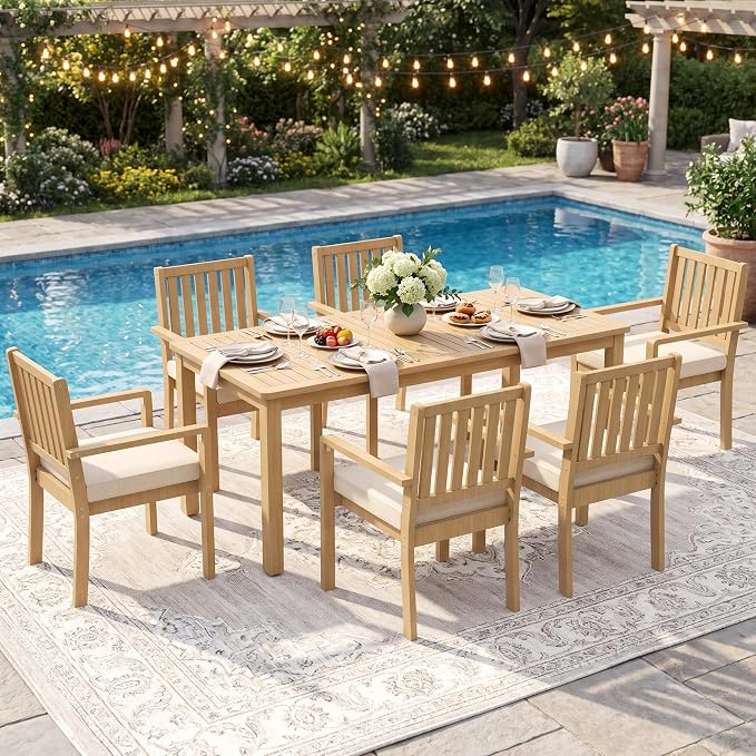 Wisteria Lane 7 Pieces Acacia Outdoor Patio Table and Chairs Set for 6, Patio Outdoor Dining Table Set with Cushion, Modern Outdoor Patio Set for Deck Lawn Backyard Garden, Brown
