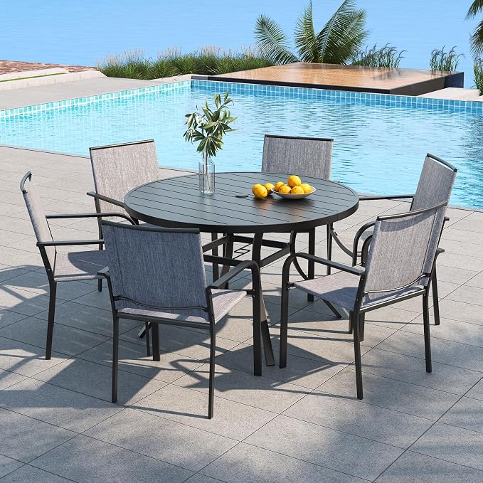 Anmutig 7-Piece Outdoor Dining Set, 48'' Round Table with 6 Stackable Chairs All Weather Furniture Set - Grey