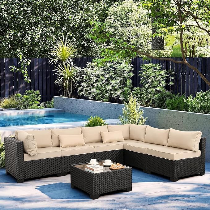 7 Pieces Patio Rattan Sectional Conversation Sofa Set PE Outdoor Wicker Furniture Set with Khaki Cushions and Glass Top Table