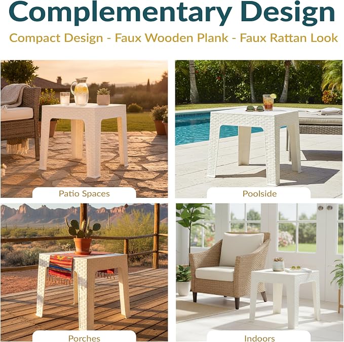 Sunnydaze Adirondack Small Outdoor Side Table for Balcony Essentials - Plastic Square End Table for Outside Patio - Set of 4 - White
