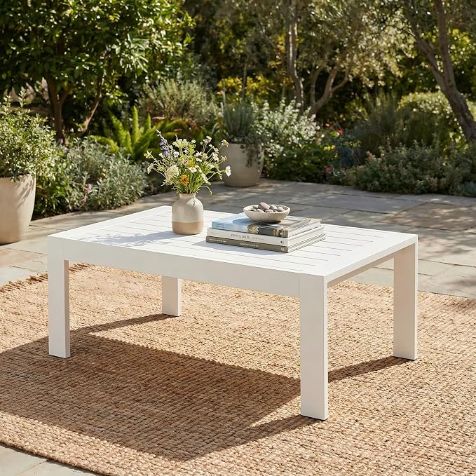 Solaste Aluminum Outdoor Coffee Table, All-Weather Rectangle Metal Patio Coffee Table Furniture for Balcony, Garden, Indoor or Outdoor Use, White