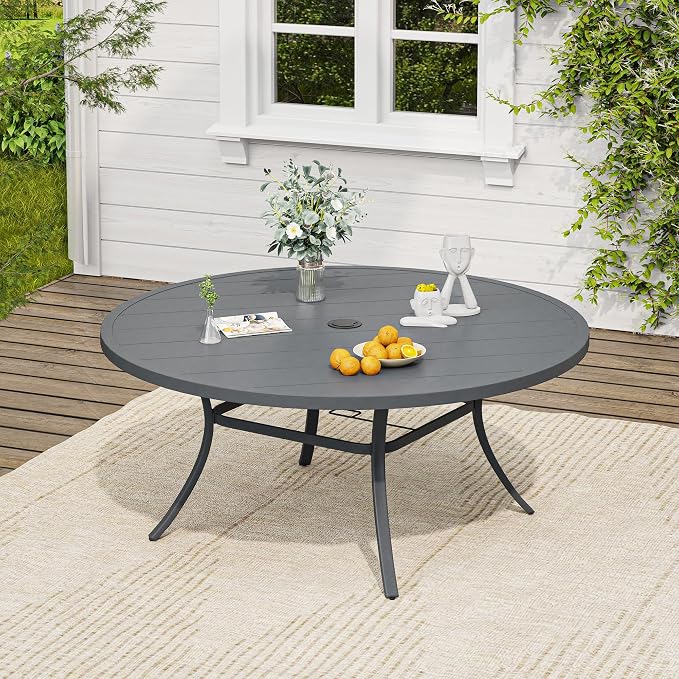 VICLLAX Outdoor Table and Chairs Set for 8, Patio Dining Set of 60 Metal Round Patio Table with Umbrella Hole & 8 Swivel Outdoor Dining Chairs for Backyard Lawn, Grey & Dark Grey